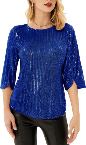 Women's Sparkle Sequin Party Blouse Tops Shimmer Glitter 3/4 Slit Sleeve Dressy Tops