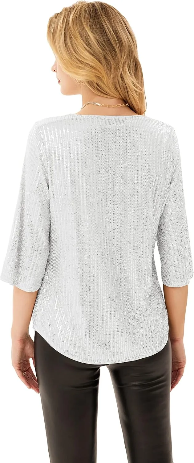 Women's Sparkle Sequin Party Blouse Tops Shimmer Glitter 3/4 Slit Sleeve Dressy Tops