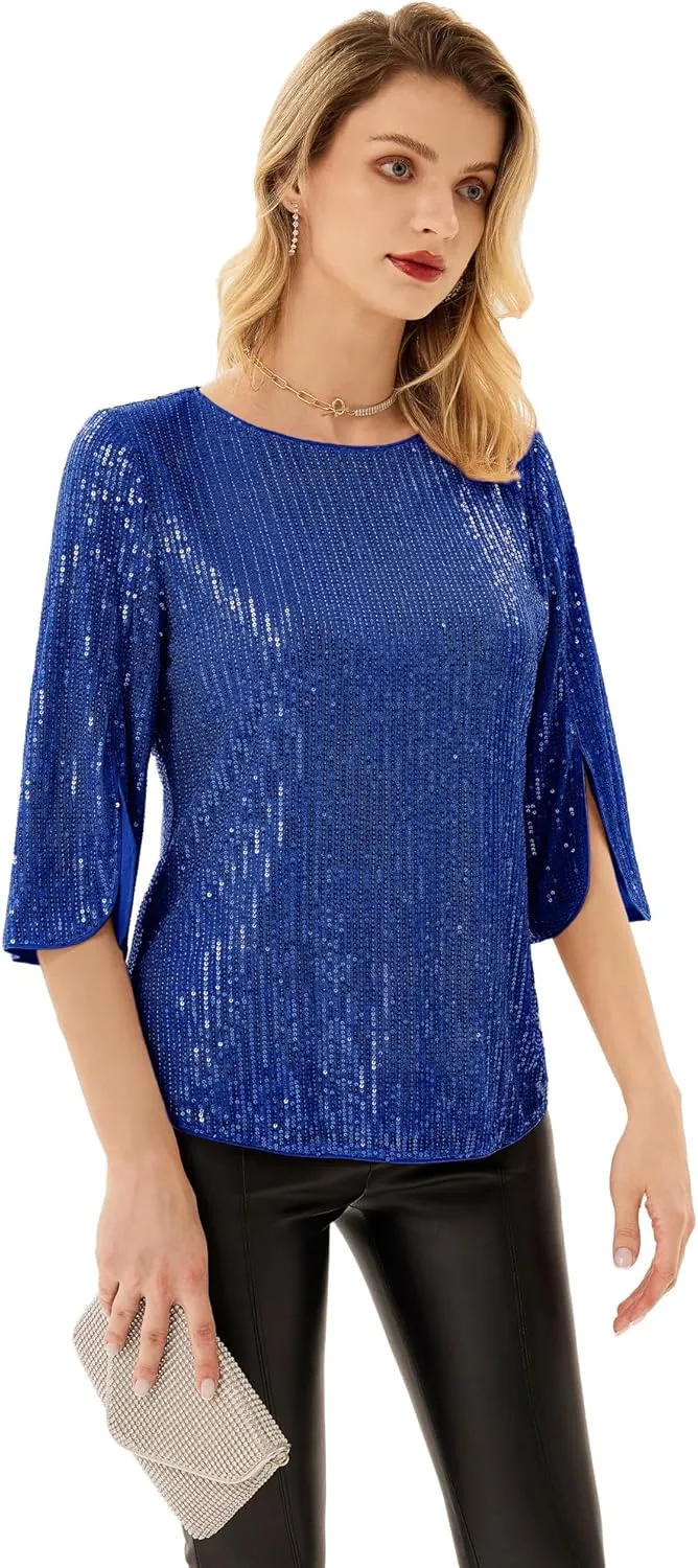 Women's Sparkle Sequin Party Blouse Tops Shimmer Glitter 3/4 Slit Sleeve Dressy Tops