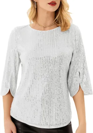 Women's Sparkle Sequin Party Blouse Tops Shimmer Glitter 3/4 Slit Sleeve Dressy Tops