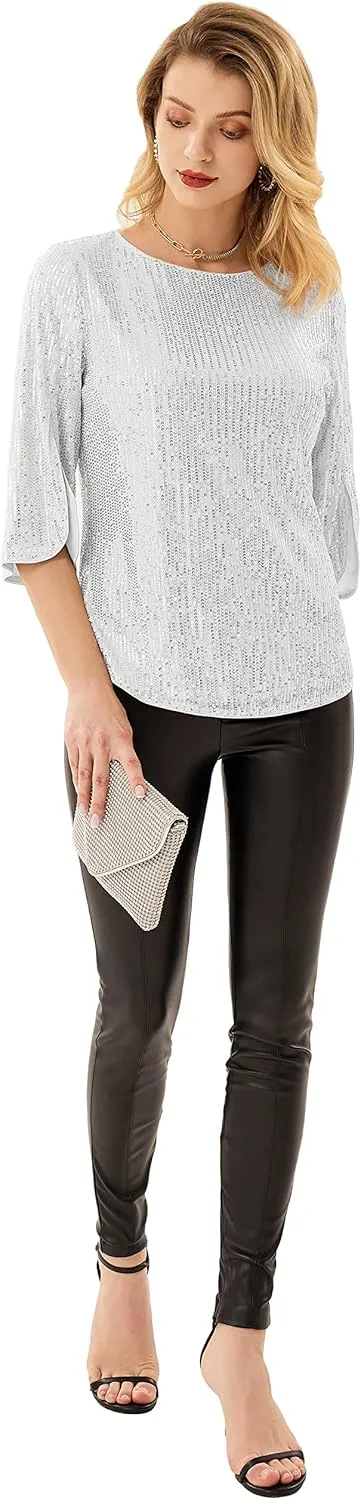 Women's Sparkle Sequin Party Blouse Tops Shimmer Glitter 3/4 Slit Sleeve Dressy Tops