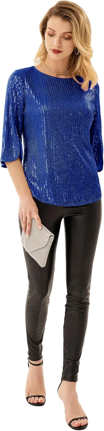 Women's Sparkle Sequin Party Blouse Tops Shimmer Glitter 3/4 Slit Sleeve Dressy Tops