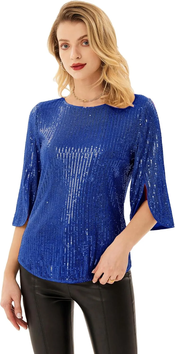 Women's Sparkle Sequin Party Blouse Tops Shimmer Glitter 3/4 Slit Sleeve Dressy Tops