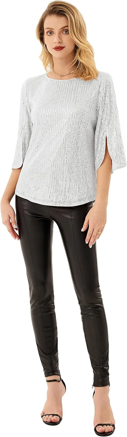 Women's Sparkle Sequin Party Blouse Tops Shimmer Glitter 3/4 Slit Sleeve Dressy Tops