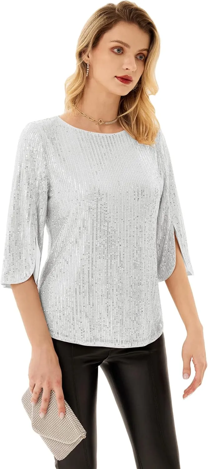 Women's Sparkle Sequin Party Blouse Tops Shimmer Glitter 3/4 Slit Sleeve Dressy Tops