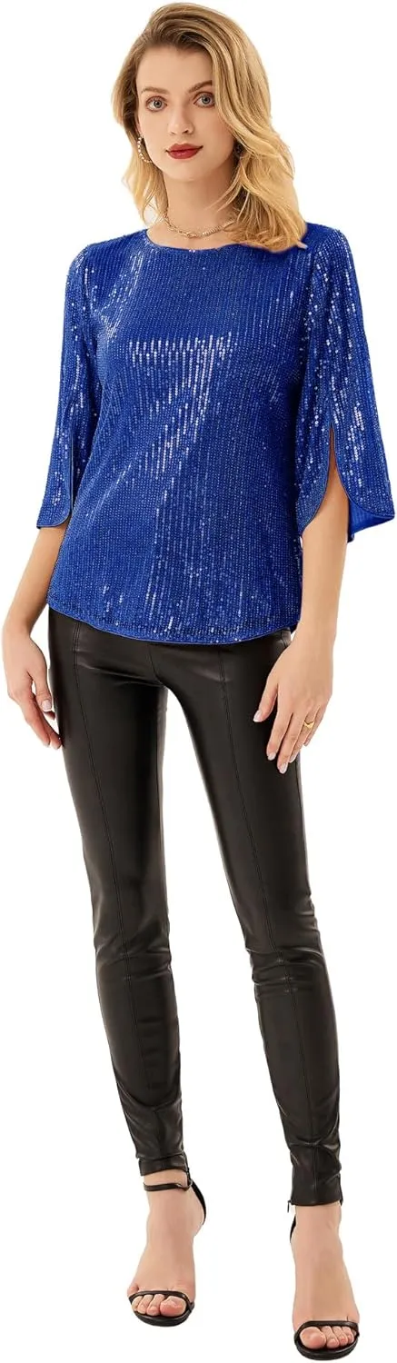 Women's Sparkle Sequin Party Blouse Tops Shimmer Glitter 3/4 Slit Sleeve Dressy Tops