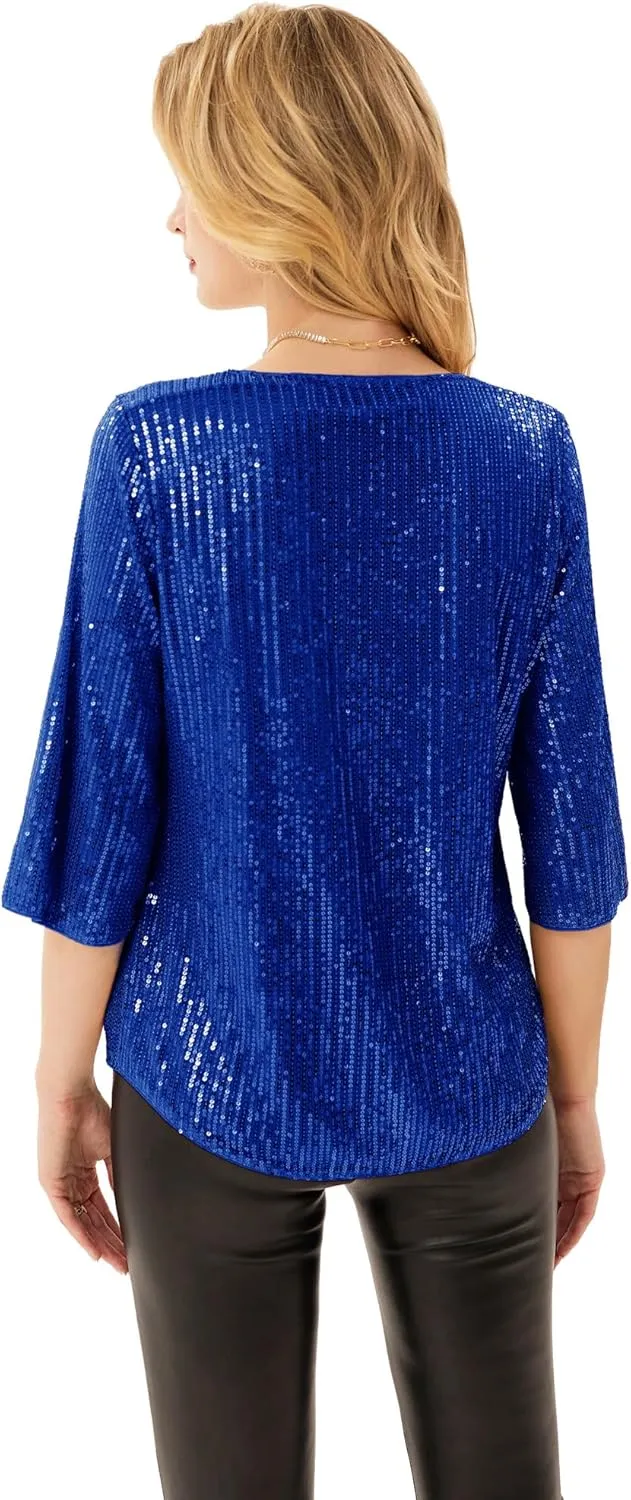 Women's Sparkle Sequin Party Blouse Tops Shimmer Glitter 3/4 Slit Sleeve Dressy Tops