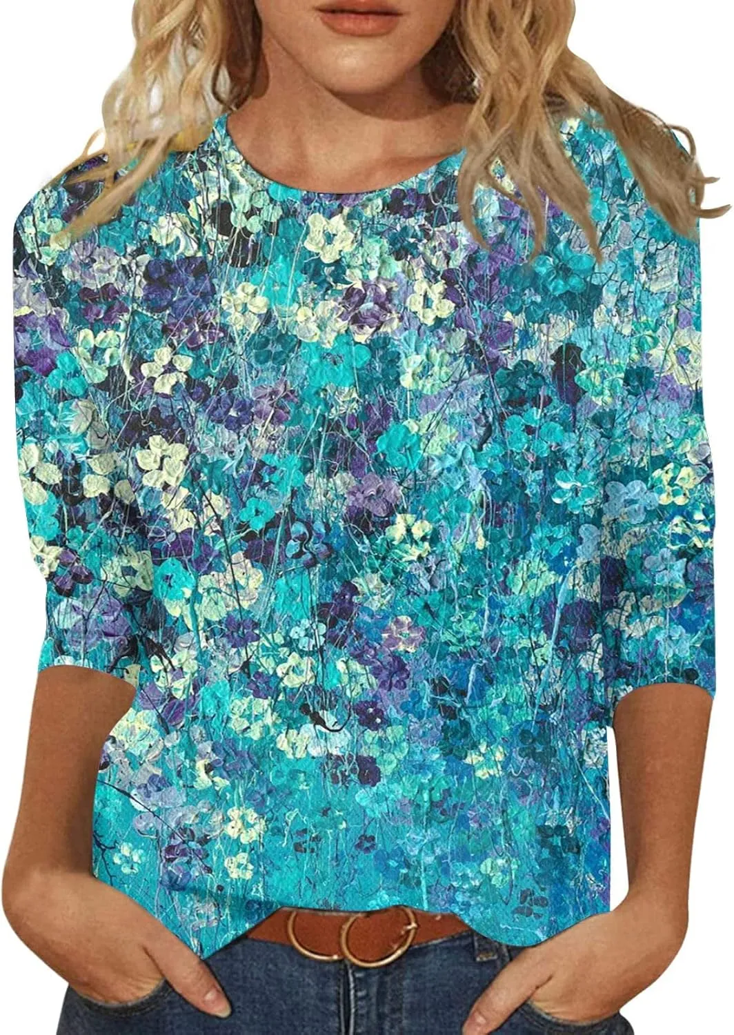 Womens Summer 3/4 Sleeve Tops 2025 Floral Print Round Neck Shirts Loose Fit Three Quarter Sleeve Tshirts