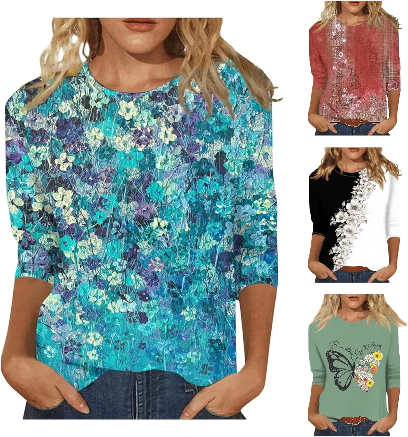 Womens Summer 3/4 Sleeve Tops 2025 Floral Print Round Neck Shirts Loose Fit Three Quarter Sleeve Tshirts