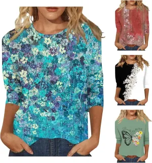 Womens Summer 3/4 Sleeve Tops 2025 Floral Print Round Neck Shirts Loose Fit Three Quarter Sleeve Tshirts