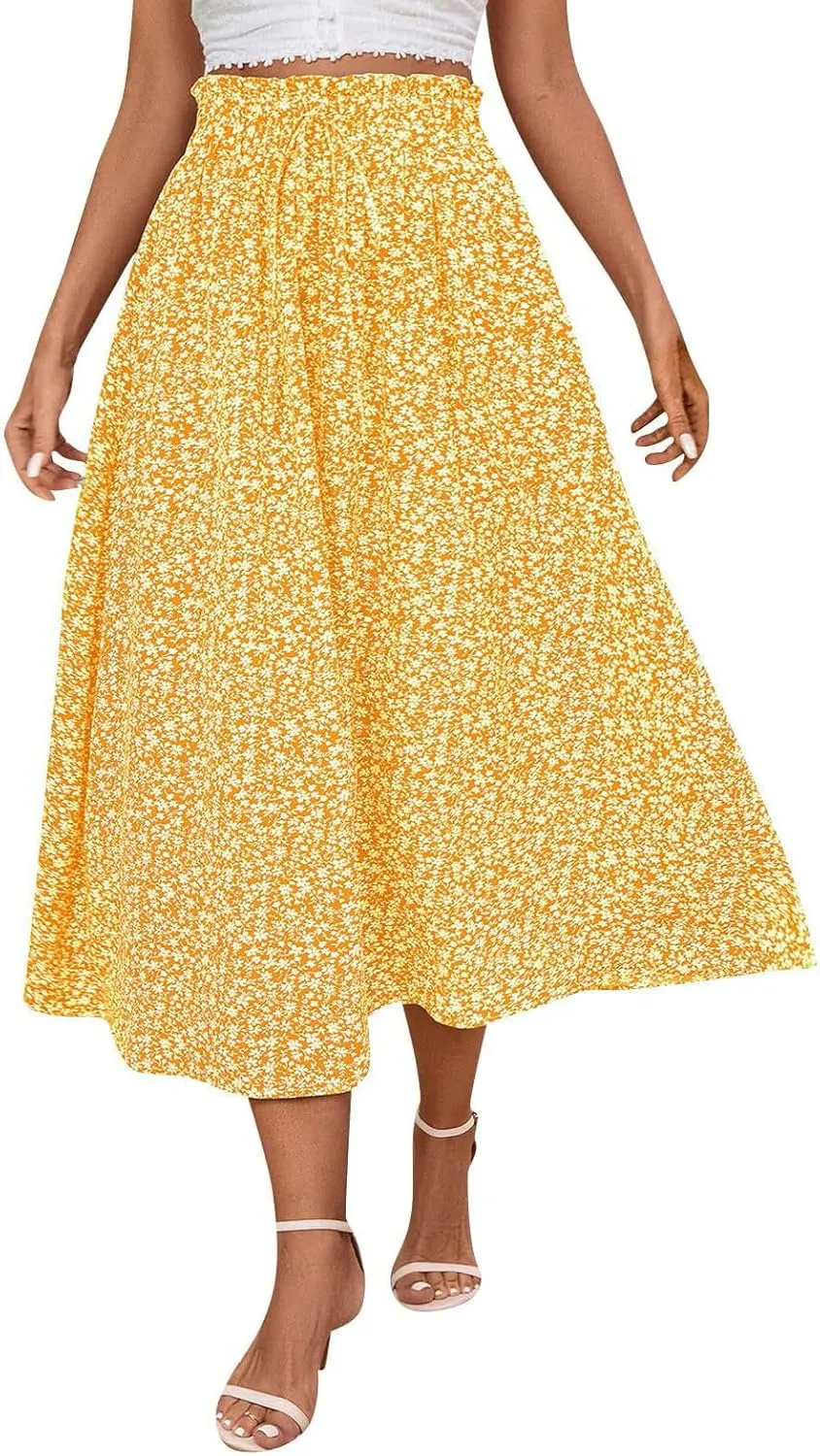 Women's Summer Boho Floral Maxi Skirt Casual High Waist Flowy Swing Tiered A Line Beach Long Skirts