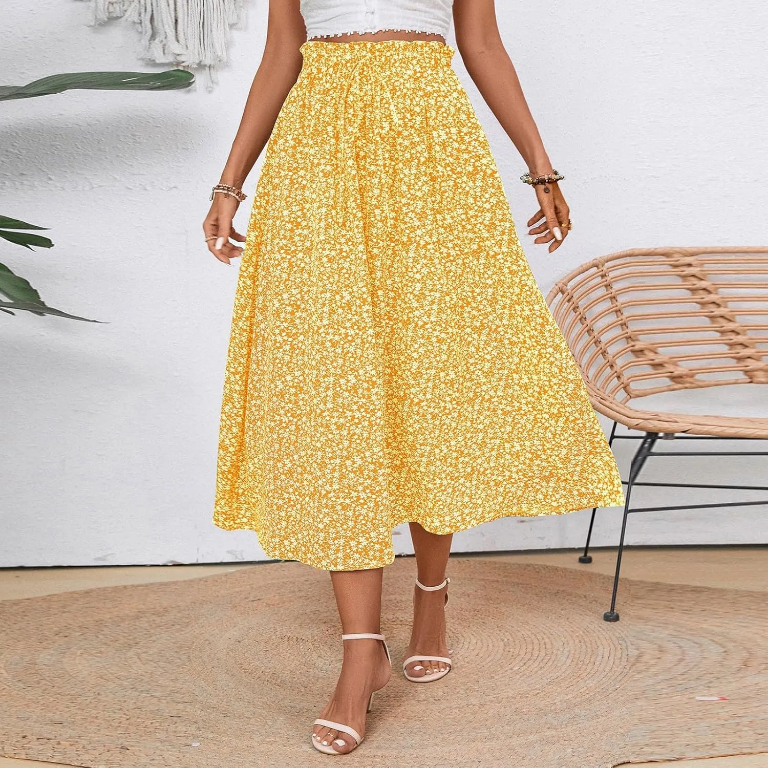 Women's Summer Boho Floral Maxi Skirt Casual High Waist Flowy Swing Tiered A Line Beach Long Skirts