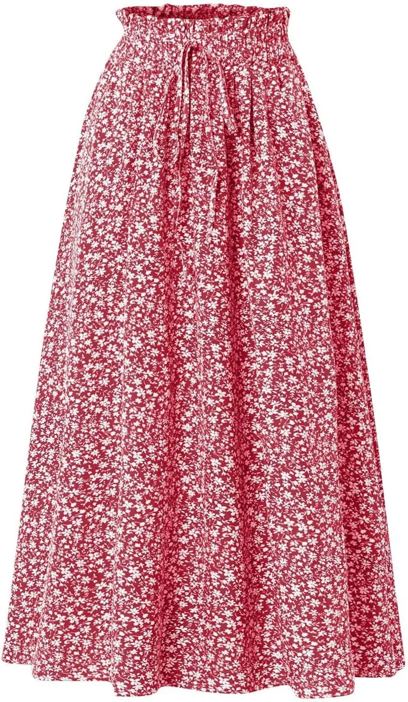 Women's Summer Boho Floral Maxi Skirt Casual High Waist Flowy Swing Tiered A Line Beach Long Skirts