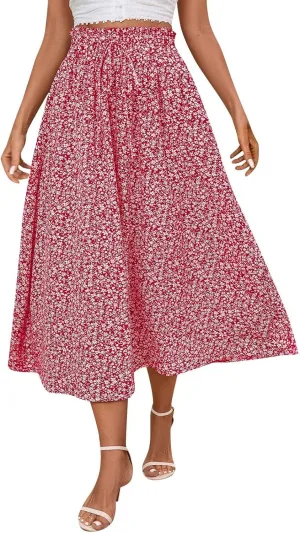 Women's Summer Boho Floral Maxi Skirt Casual High Waist Flowy Swing Tiered A Line Beach Long Skirts
