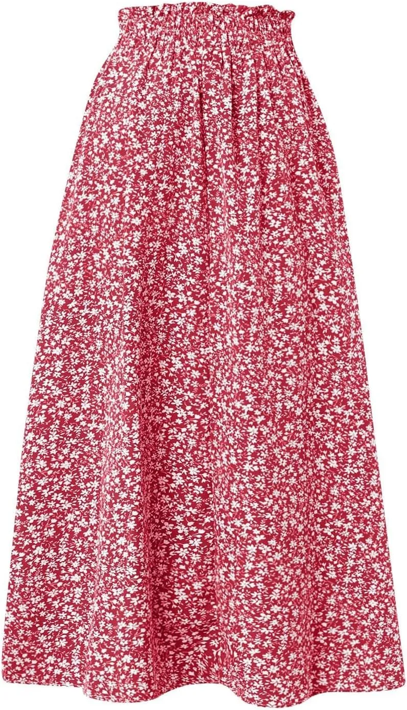 Women's Summer Boho Floral Maxi Skirt Casual High Waist Flowy Swing Tiered A Line Beach Long Skirts