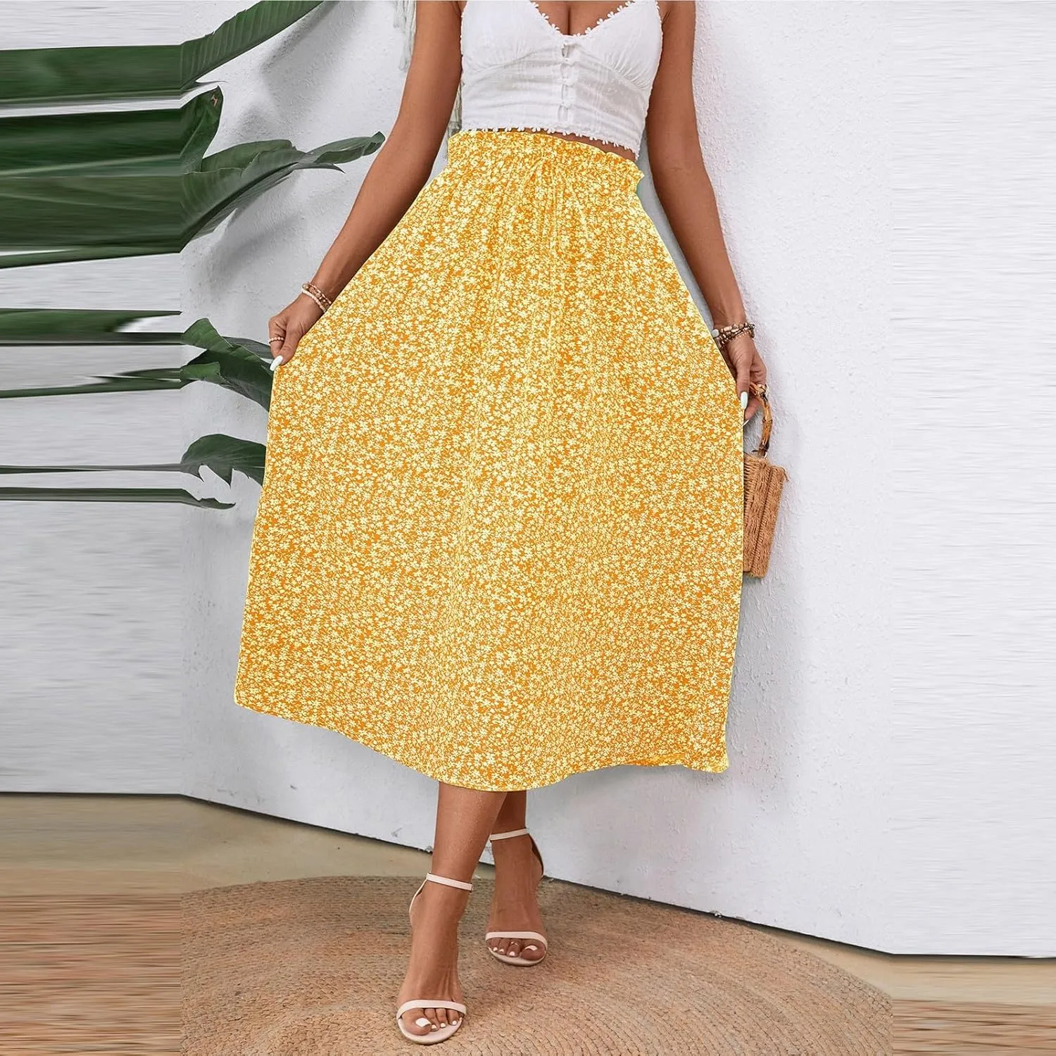 Women's Summer Boho Floral Maxi Skirt Casual High Waist Flowy Swing Tiered A Line Beach Long Skirts