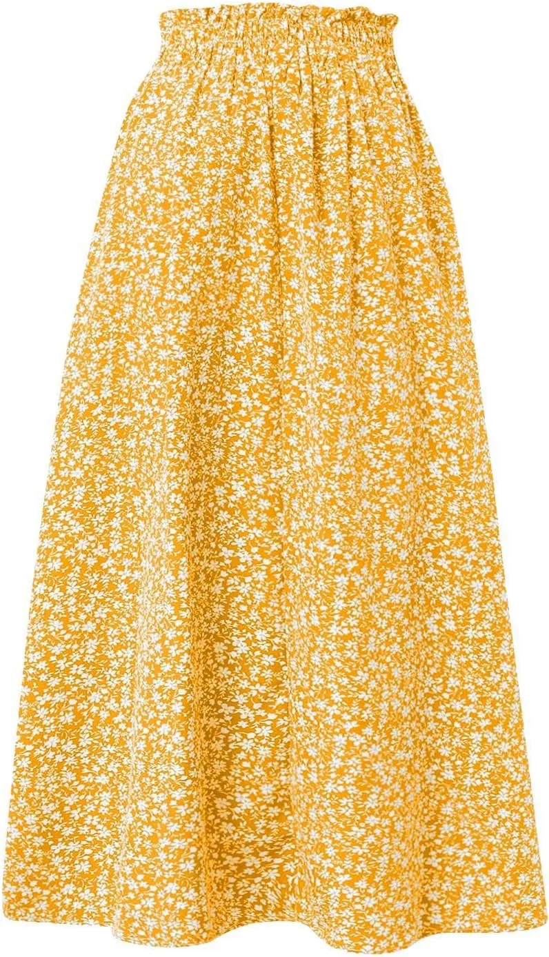 Women's Summer Boho Floral Maxi Skirt Casual High Waist Flowy Swing Tiered A Line Beach Long Skirts