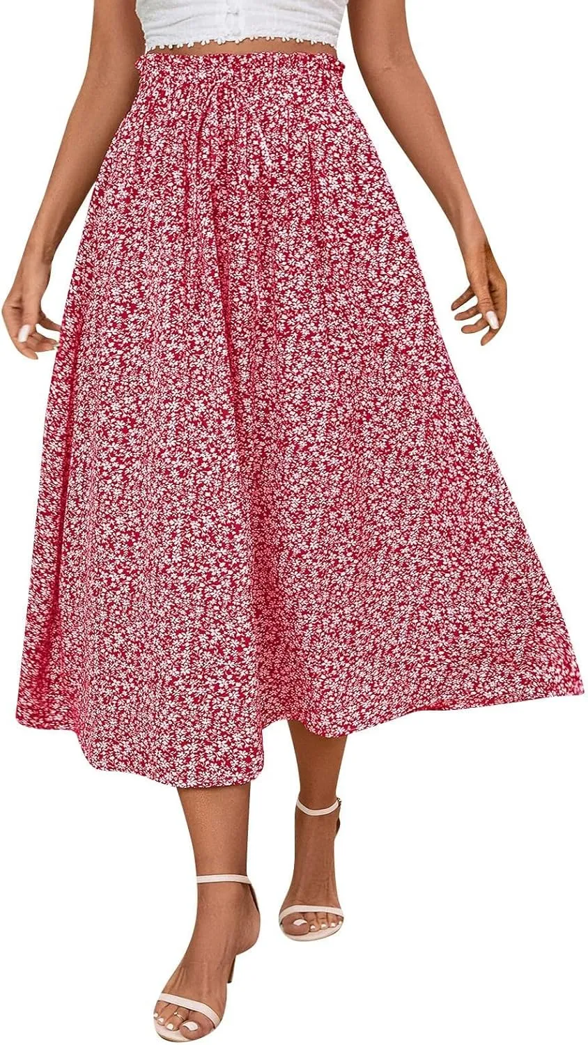 Women's Summer Boho Floral Maxi Skirt Casual High Waist Flowy Swing Tiered A Line Beach Long Skirts