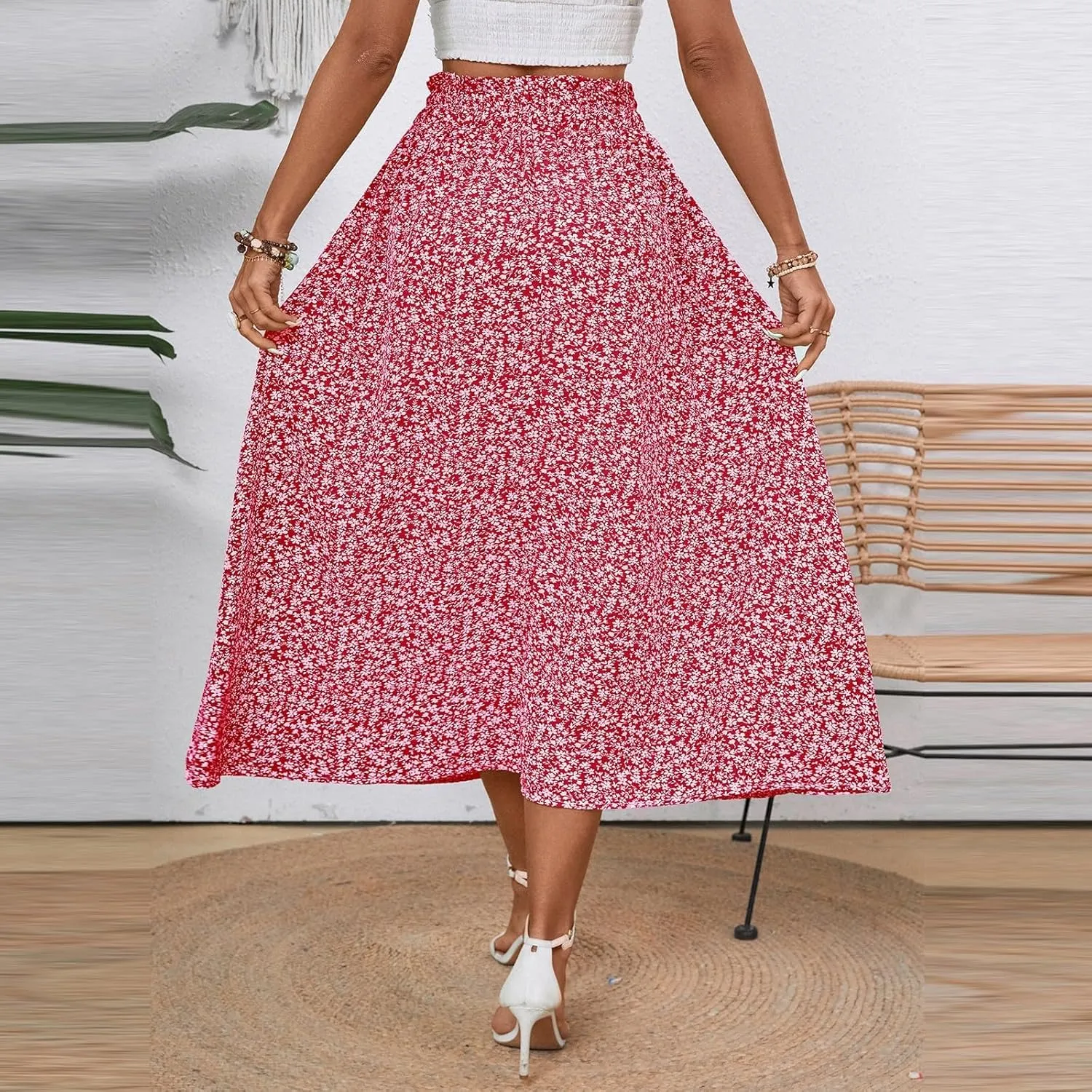 Women's Summer Boho Floral Maxi Skirt Casual High Waist Flowy Swing Tiered A Line Beach Long Skirts