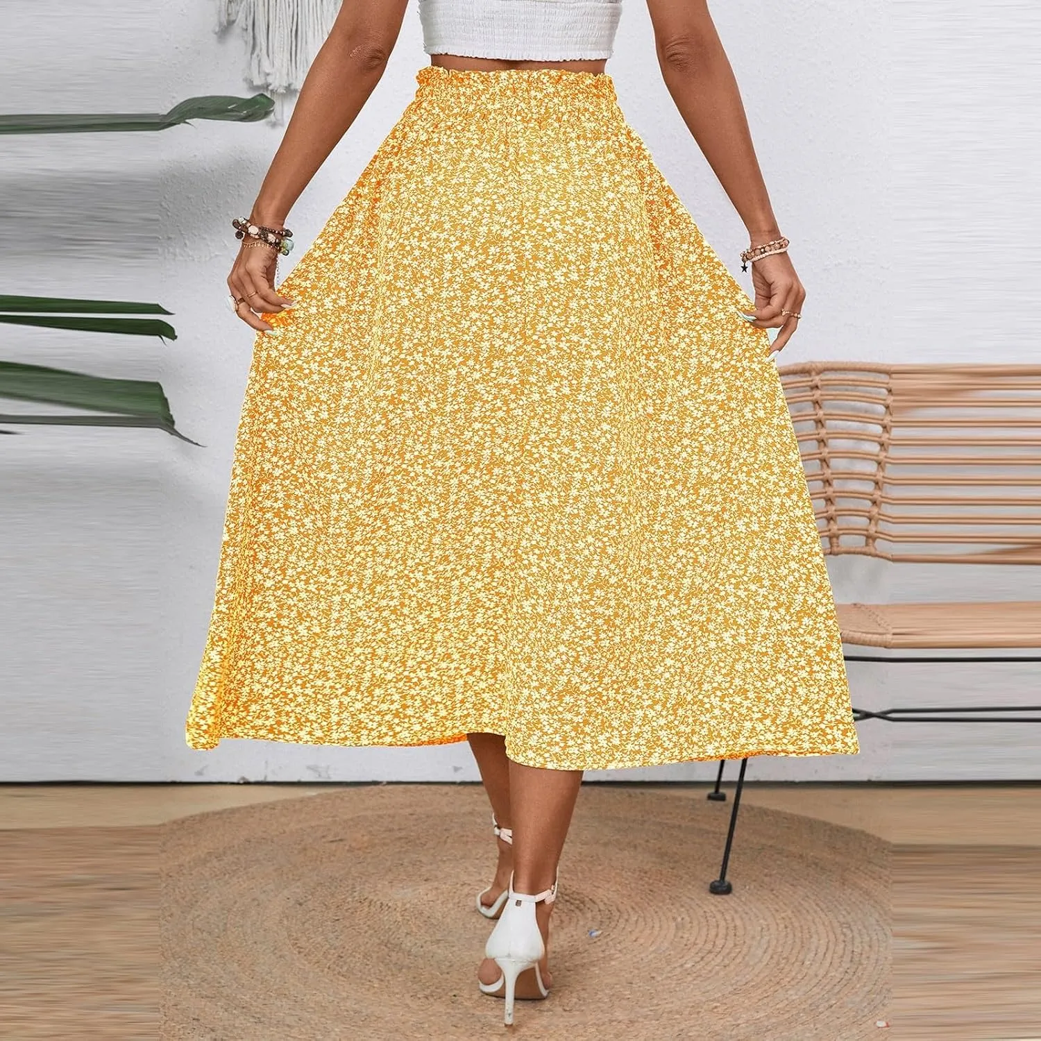 Women's Summer Boho Floral Maxi Skirt Casual High Waist Flowy Swing Tiered A Line Beach Long Skirts