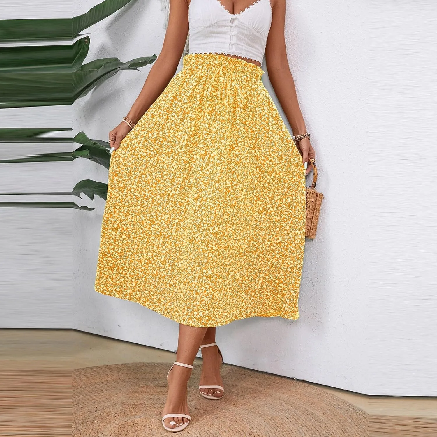 Women's Summer Boho Floral Maxi Skirt Casual High Waist Flowy Swing Tiered A Line Beach Long Skirts