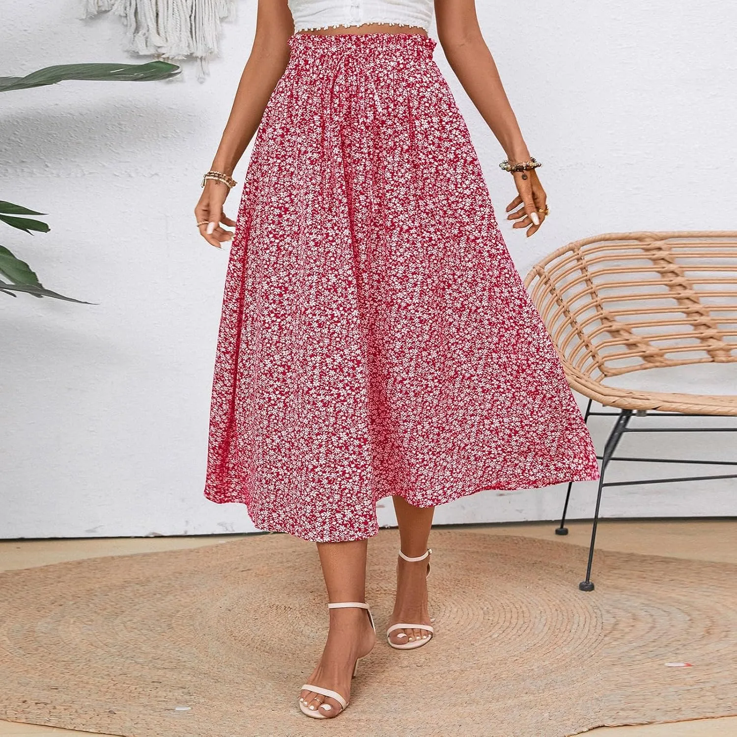Women's Summer Boho Floral Maxi Skirt Casual High Waist Flowy Swing Tiered A Line Beach Long Skirts