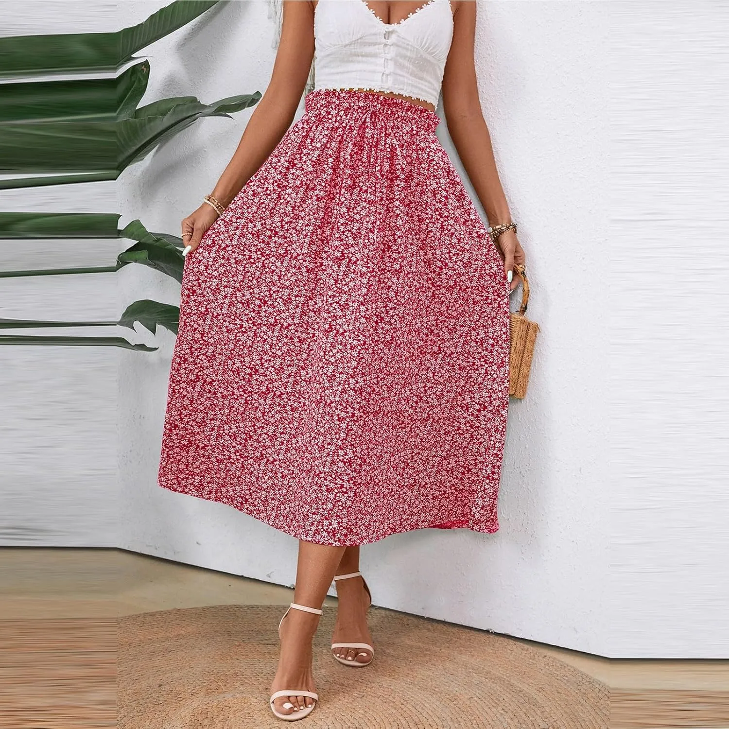 Women's Summer Boho Floral Maxi Skirt Casual High Waist Flowy Swing Tiered A Line Beach Long Skirts