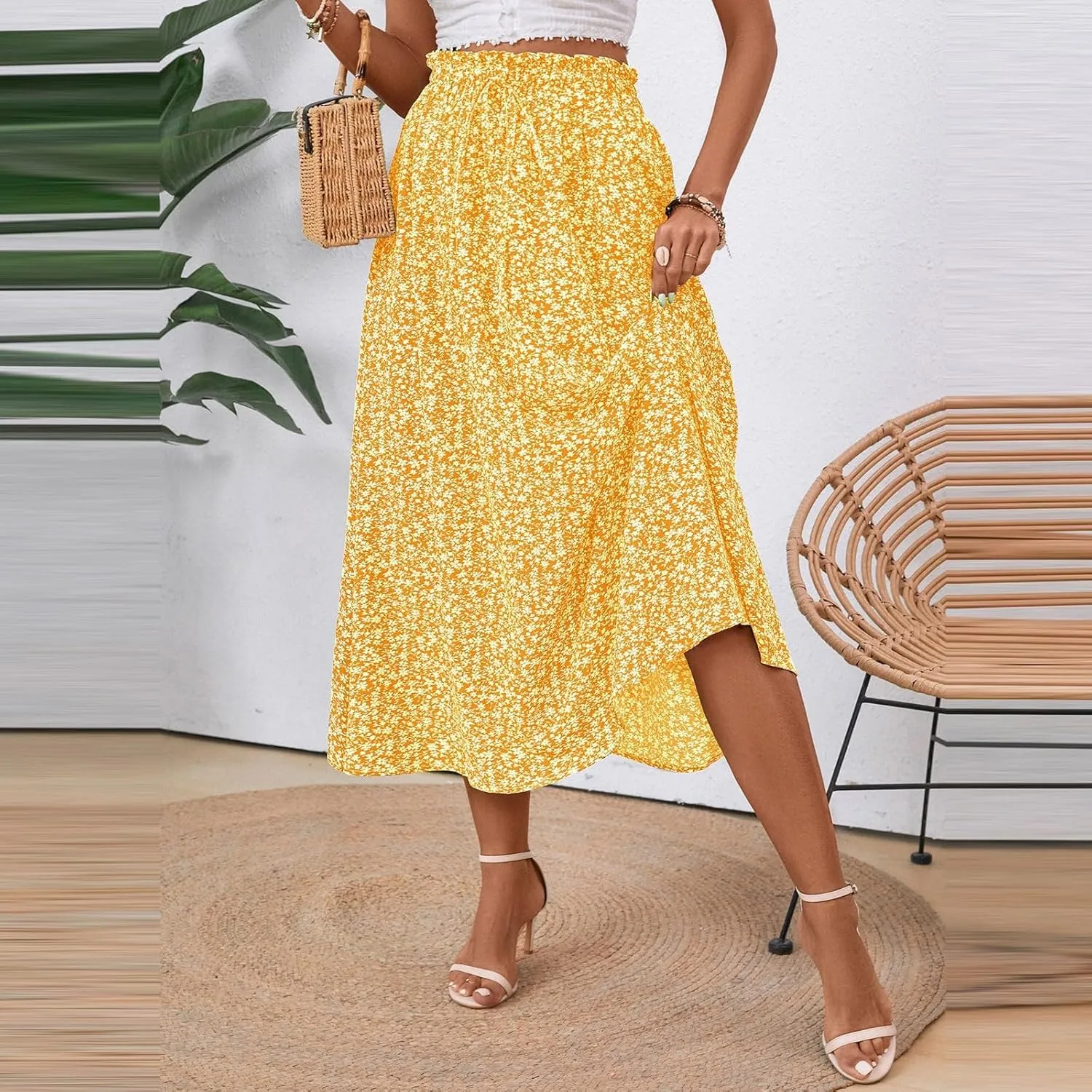 Women's Summer Boho Floral Maxi Skirt Casual High Waist Flowy Swing Tiered A Line Beach Long Skirts