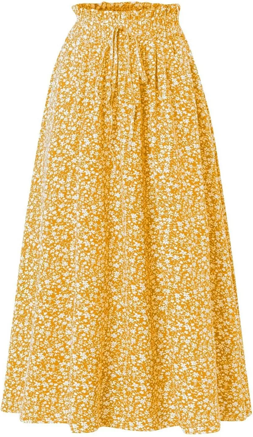Women's Summer Boho Floral Maxi Skirt Casual High Waist Flowy Swing Tiered A Line Beach Long Skirts