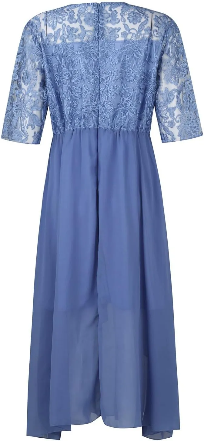 Women's Summer Elegant Trendy V-Neck Short Sleeve Lace Chiffon Prom Party Cocktail Wedding Guest Dress, S-3XL