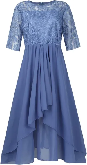 Women's Summer Elegant Trendy V-Neck Short Sleeve Lace Chiffon Prom Party Cocktail Wedding Guest Dress, S-3XL
