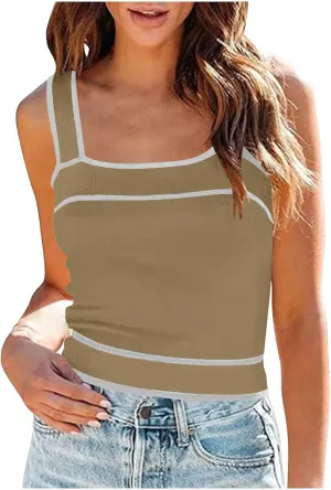 Women's Summer Knit Crop Tank Tops Sleeveless Square Neck Slim Fit Cami Shirts Fitted Basic Athletic Vest