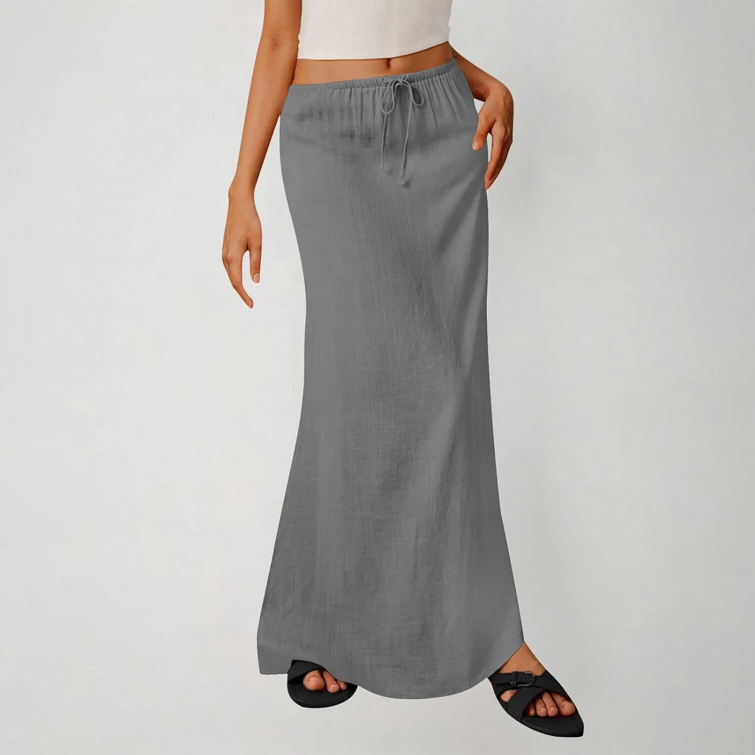 Women's Summer Maxi Skirts Low Waisted Vacation Skirts Casual Beach Skirts Drawstring Long Skirts Flowy Linen Skirt