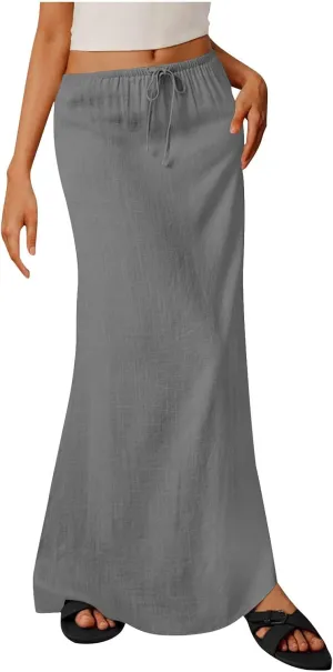 Women's Summer Maxi Skirts Low Waisted Vacation Skirts Casual Beach Skirts Drawstring Long Skirts Flowy Linen Skirt