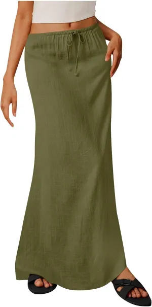 Women's Summer Maxi Skirts Low Waisted Vacation Skirts Casual Beach Skirts Drawstring Long Skirts Flowy Linen Skirt