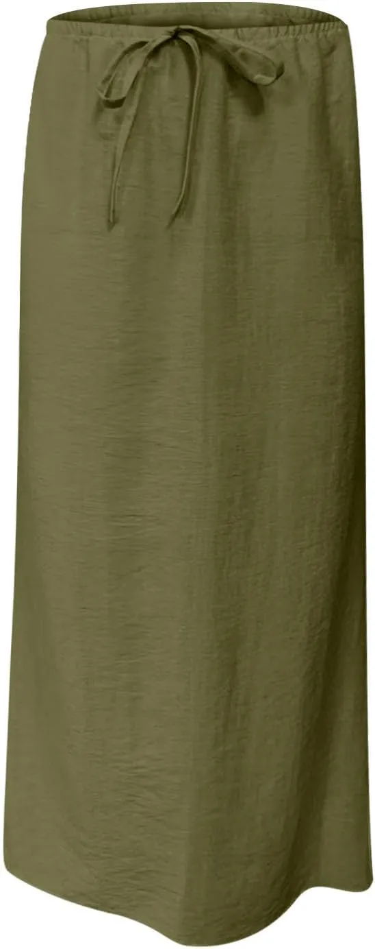 Women's Summer Maxi Skirts Low Waisted Vacation Skirts Casual Beach Skirts Drawstring Long Skirts Flowy Linen Skirt