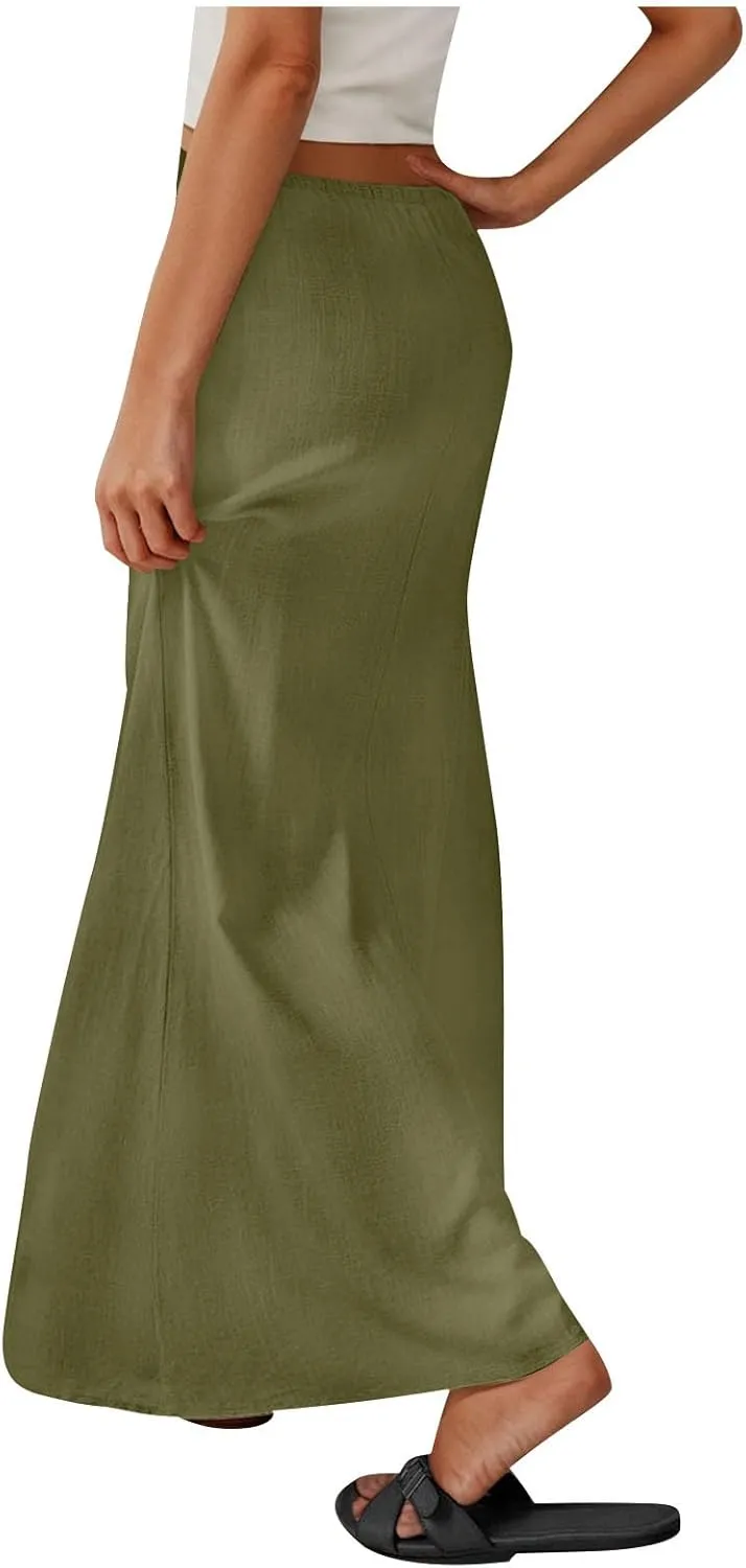 Women's Summer Maxi Skirts Low Waisted Vacation Skirts Casual Beach Skirts Drawstring Long Skirts Flowy Linen Skirt