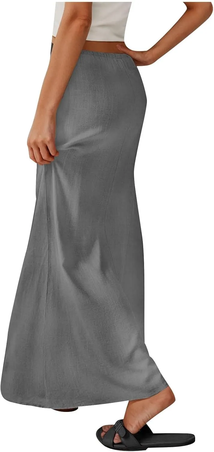 Women's Summer Maxi Skirts Low Waisted Vacation Skirts Casual Beach Skirts Drawstring Long Skirts Flowy Linen Skirt