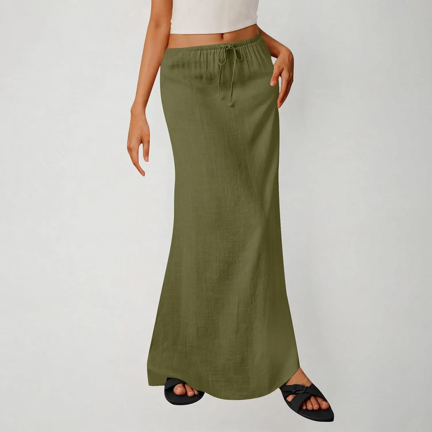 Women's Summer Maxi Skirts Low Waisted Vacation Skirts Casual Beach Skirts Drawstring Long Skirts Flowy Linen Skirt
