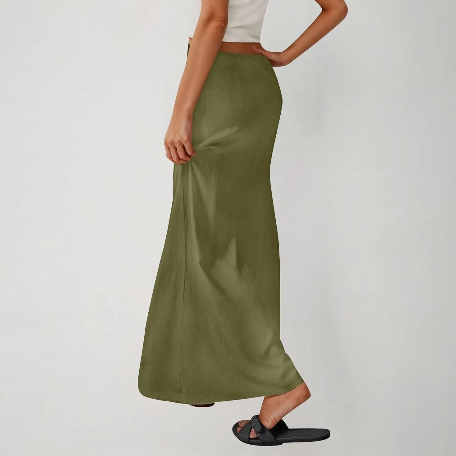 Women's Summer Maxi Skirts Low Waisted Vacation Skirts Casual Beach Skirts Drawstring Long Skirts Flowy Linen Skirt