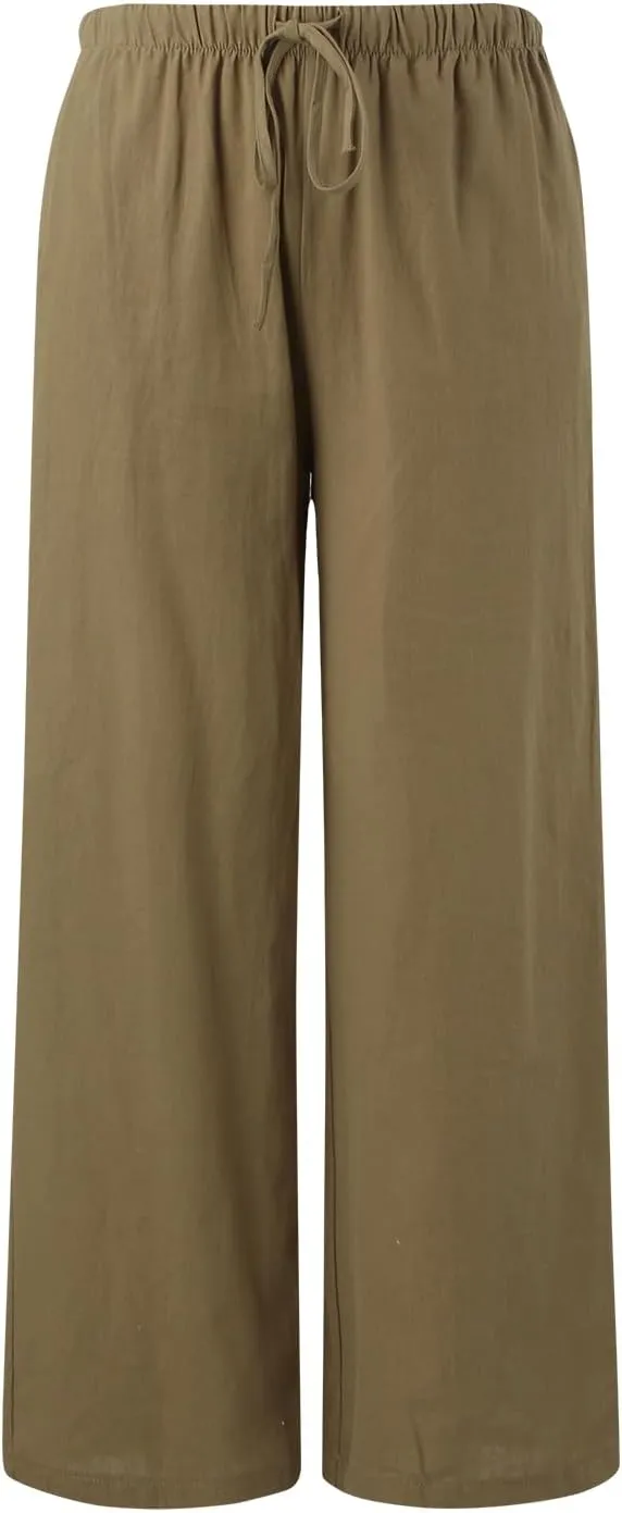 Women's Summer Palazzo Pants Casual Wide Leg Linen Pants Flowy Beach Pants Elastic Waist Comfy Lightweight Trousers