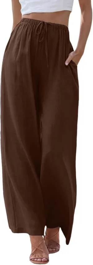 Women's Summer Palazzo Pants Casual Wide Leg Linen Pants Flowy Beach Pants Elastic Waist Comfy Lightweight Trousers