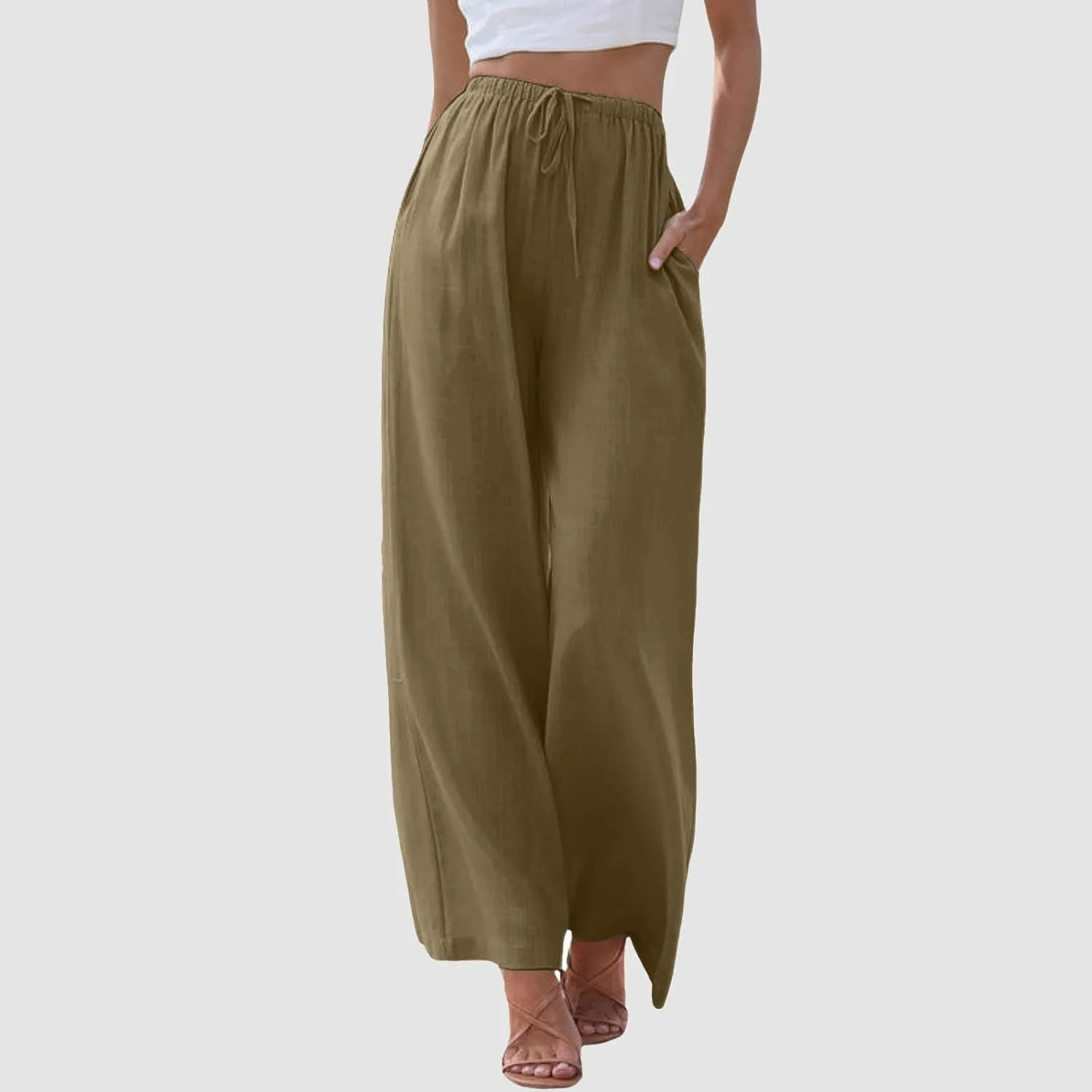 Women's Summer Palazzo Pants Casual Wide Leg Linen Pants Flowy Beach Pants Elastic Waist Comfy Lightweight Trousers