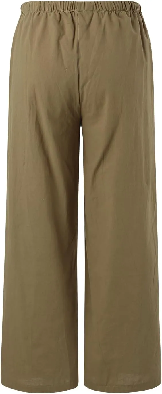 Women's Summer Palazzo Pants Casual Wide Leg Linen Pants Flowy Beach Pants Elastic Waist Comfy Lightweight Trousers