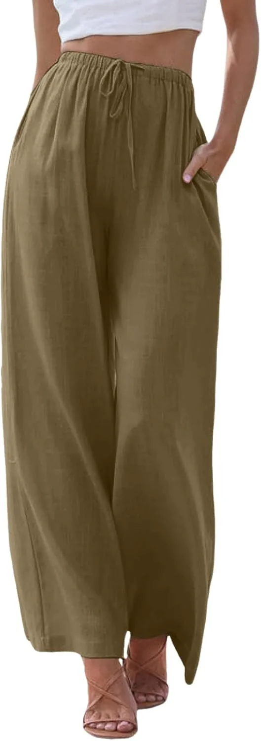 Women's Summer Palazzo Pants Casual Wide Leg Linen Pants Flowy Beach Pants Elastic Waist Comfy Lightweight Trousers