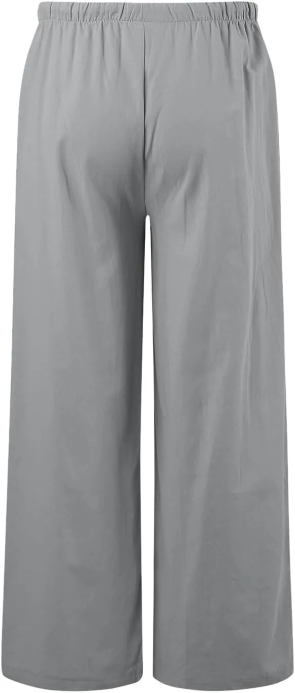 Women's Summer Palazzo Pants Casual Wide Leg Linen Pants Flowy Beach Pants Elastic Waist Comfy Lightweight Trousers