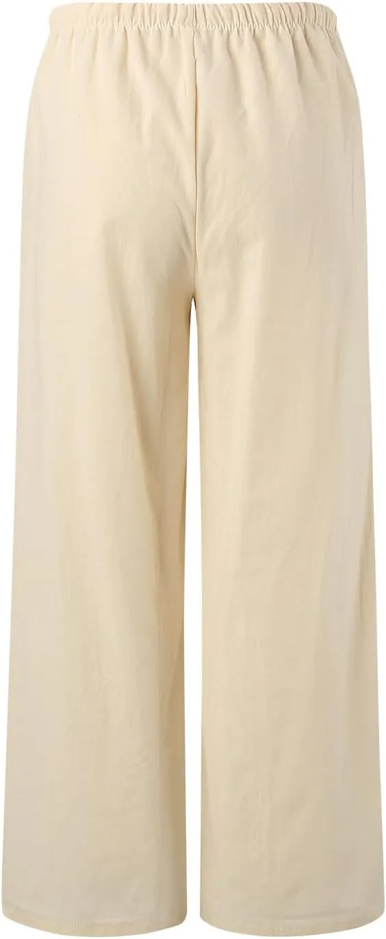 Women's Summer Palazzo Pants Casual Wide Leg Linen Pants Flowy Beach Pants Elastic Waist Comfy Lightweight Trousers