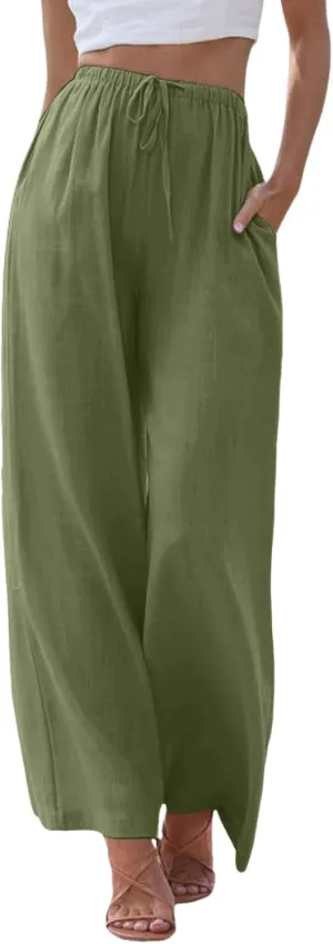 Women's Summer Palazzo Pants Casual Wide Leg Linen Pants Flowy Beach Pants Elastic Waist Comfy Lightweight Trousers