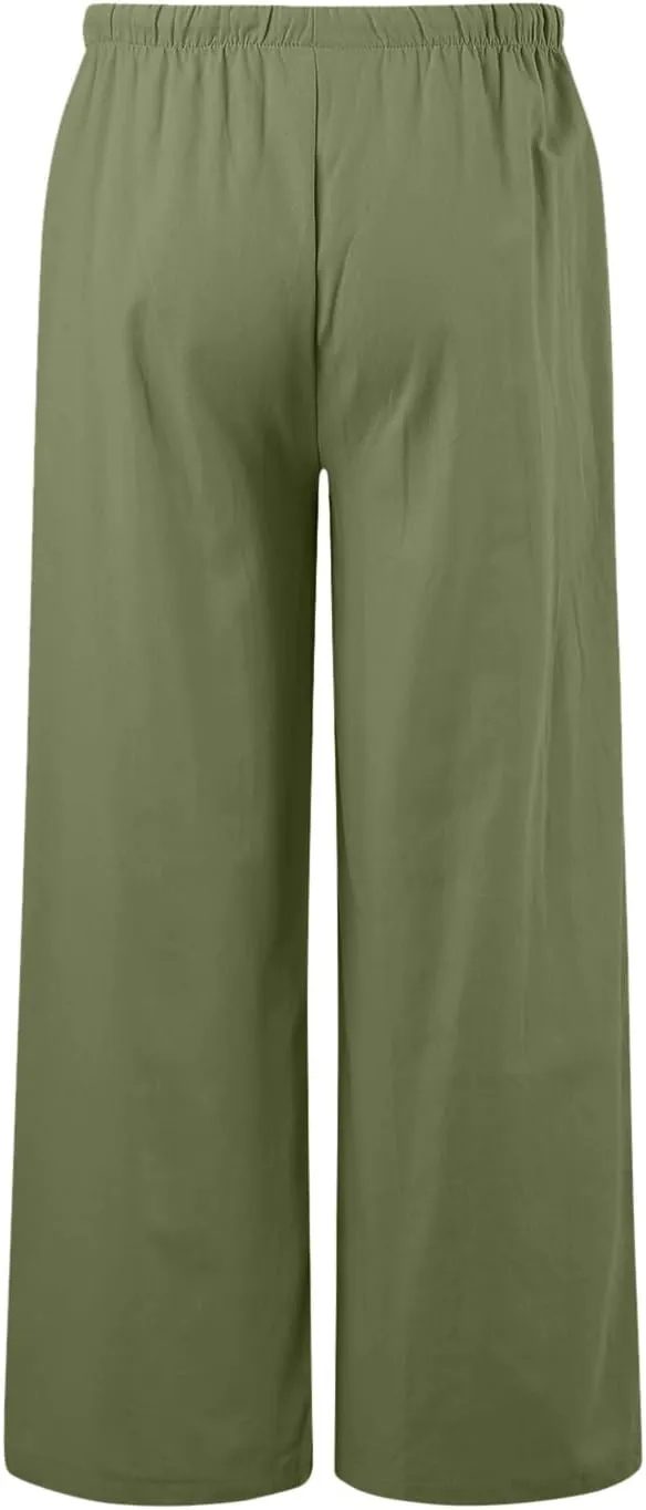 Women's Summer Palazzo Pants Casual Wide Leg Linen Pants Flowy Beach Pants Elastic Waist Comfy Lightweight Trousers