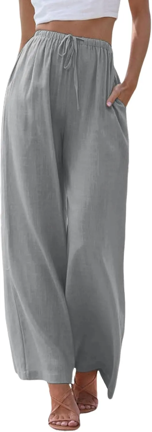 Women's Summer Palazzo Pants Casual Wide Leg Linen Pants Flowy Beach Pants Elastic Waist Comfy Lightweight Trousers